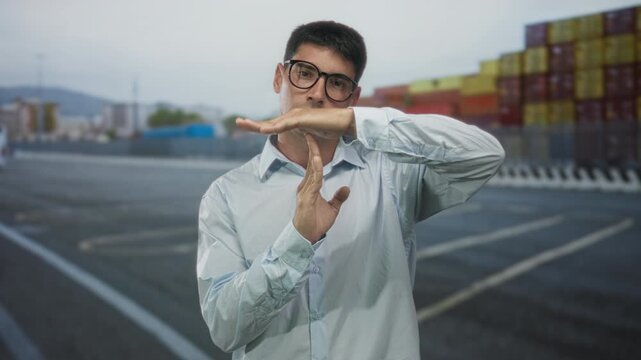 Man in light blue shirt holds hands in timeout gesture at shipping port outdoors; seeking calm pause.