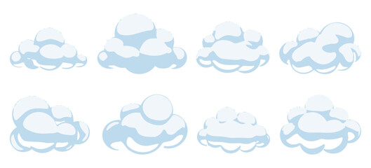 Fototapeta premium Cartoon 3D cloud collection, soft fluffy cumulus shapes with playful rounded forms, children style weather symbols, sky and elements, clean modern isolated vector design.