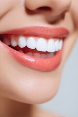 Obraz premium Bright white healthy smile detail of a woman with glossy lips and perfect teeth, showcasing dental aesthetics and oral hygiene in a close-up view