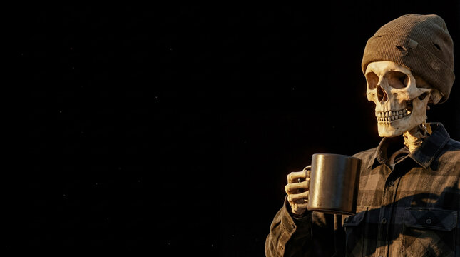 Funny 3d character of skeleton wearing hipster clothes holding hot tea or coffee cup. Dark background with side lighting. Concept of morning routine, exhaustion, deadline or addiction.