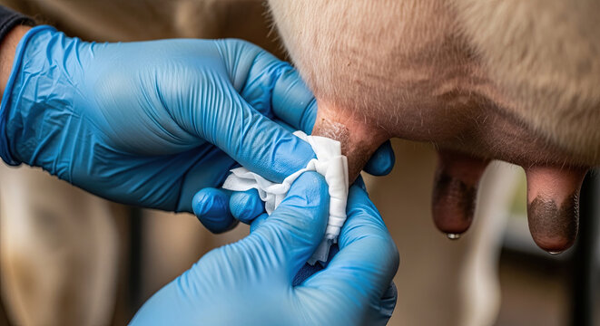 Worker cleaning cow's udder with cloth in dairy farm setting  