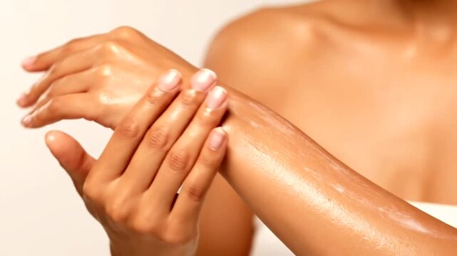 Close-up of a person applying lotion to their arm.