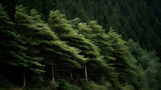 Strong winds bend evergreen trees on a dense forest slope showcasing nature s resilience