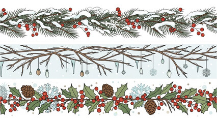 A festive illustration of holly and pine branches with red berries and pinecones, set against a winter scene from a frontal viewpoint © Stock Image Paradise