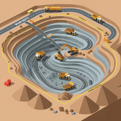 Open pit mine excavation with heavy machinery and trucks. © Karim