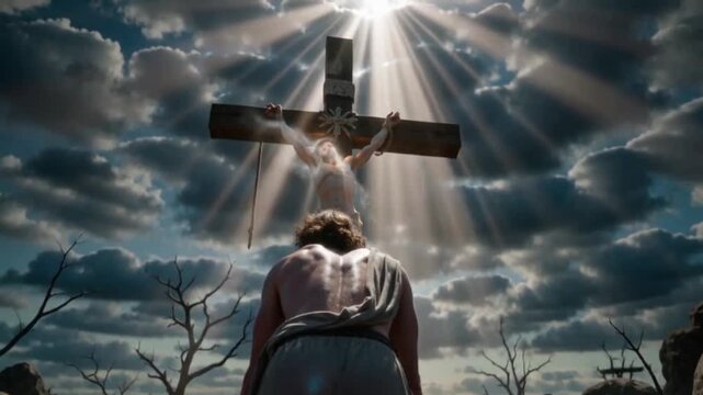 Kneeling Man Praying to the Cross with Heavenly Light Rays &ndash; Christian Faith, Hope and Worship Background
