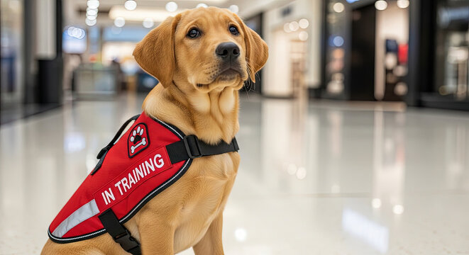 Service dog in training wearing harness indoors at shopping center  