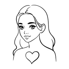 Dibujo con líneas de chica de frente con corazón en el pecho, para tarjetas y felicitaciones de San Valentín  © teracreonte