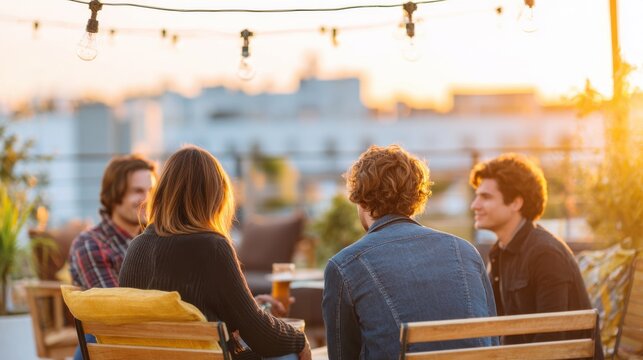Group of friends gathered on an urban rooftop terrace during sunset, enjoying drinks and conversation with city skyline and decorative lights in the background