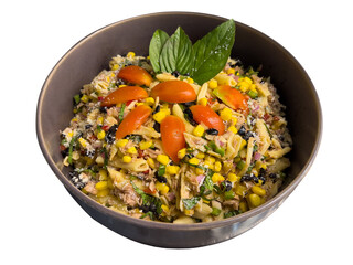 Tuna pasta salad isolated on a transparent background in PNG format, suitable for food presentation, restaurant menus, catering, food advertising, and commercial use