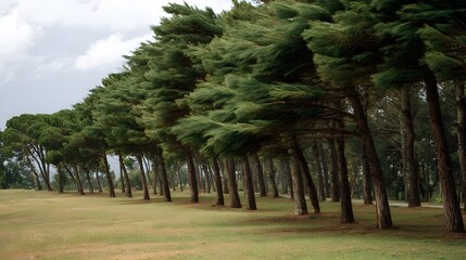 Naklejka premium A line of tall pine trees are dramatically bent and swayed by a strong powerful wind across a green grassy field under a dramatic overcast sky