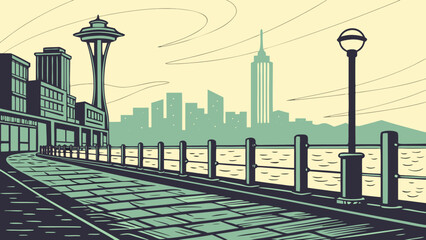 Seattle skyline featuring space needle and waterfront promenade suitable for travel brochures, city guides, websites, and tourism advertisements.