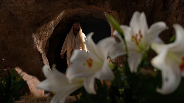 Man resurrected emerging from dark cave tomb on Easter day with white lilies. Jesus christ coming out of the grave concept.