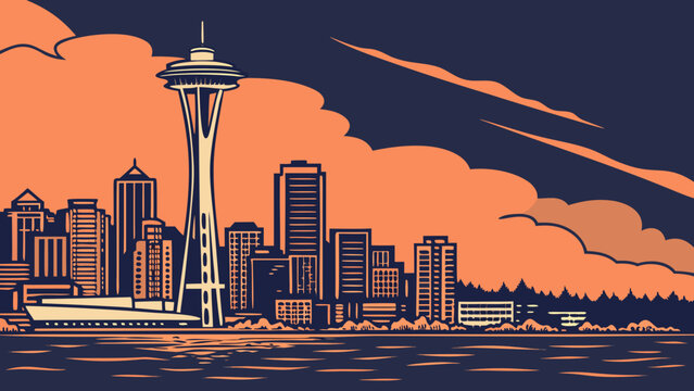 Seattle skyline, space needle, buildings, water, and clouds in a beautiful cityscape. Ideal for travel brochures, websites, and social media posts.