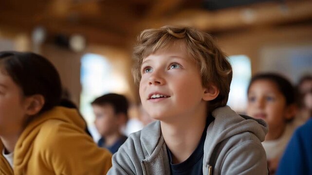 A diverse group of children watching a presentation sit attentively, emphasizing the role of interactive learning strategies in promoting understanding and participation during classroom