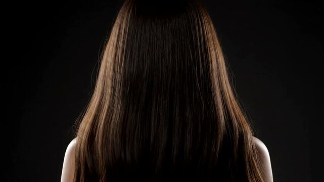 Mysterious Womans Silhouette with Flowing Hair Against Dark Background.