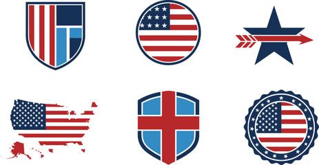Set of USA flag badges and emblems, american map with stars and stripes, patriotic shield vector illustration isolated on white background, symbol.