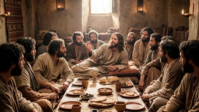 Jesus and his disciples at the last supper, gospel scene of biblical proportion, religious christian gathering in ancient room.