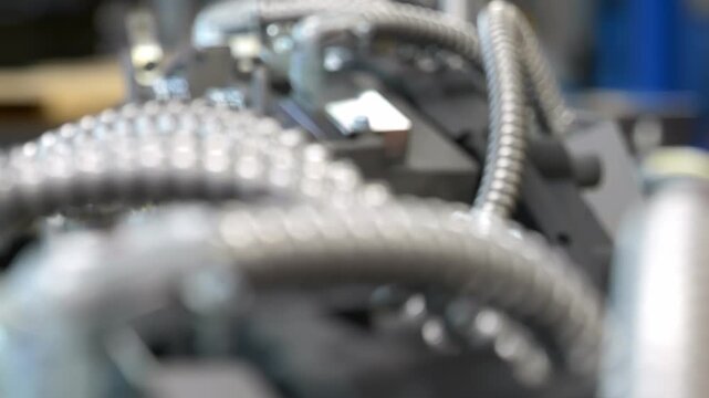 Close up detail of industrial spiral metal hoses and electrical connectors on a professional machine in a high tech manufacturing plant production environment