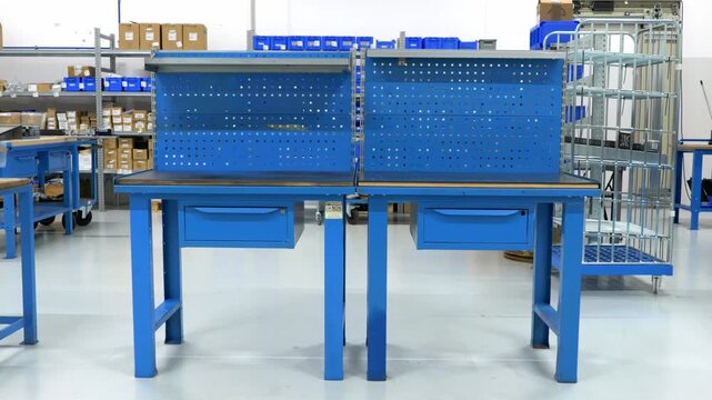 Two empty professional blue metal workbenches with drawers and pegboards in a clean modern industrial manufacturing factory workshop for assembly operations