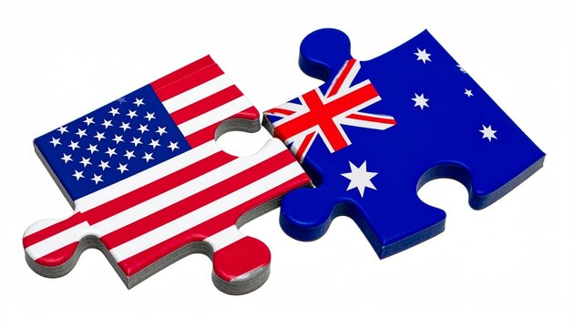 Two interlocking puzzle pieces featuring national flags, left piece with United States flag of red and white stripes and blue field with white stars, right piece with Australian flag showing Union Jac