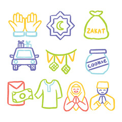 Ramadan and Eid Celebration Doodle Icons Collection with Traditional Islamic Elements