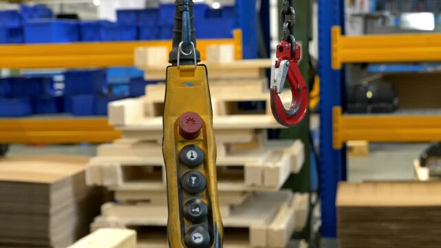 Industrial yellow crane remote control pendant hanging next to a heavy duty red lifting hook in a manufacturing factory warehouse with pallets in the background