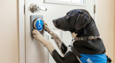 Service dog pressing button to open door for disabled person  