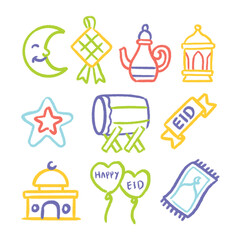 Eid al-Fitr Doodle Icon Set with Islamic Symbols and Festive Elements