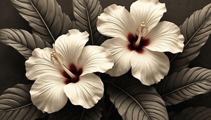 Obraz premium Two large white hibiscus flowers with dark centers rest on dark background in large leaves. Petals soft, delicate showing fine details. Subtle sepia tones give vintage botanical feel to scene.