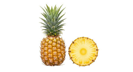 Naklejka premium Ripe pineapple and slice isolated PNG, tropical fruit with green crown and juicy yellow flesh on transparent background