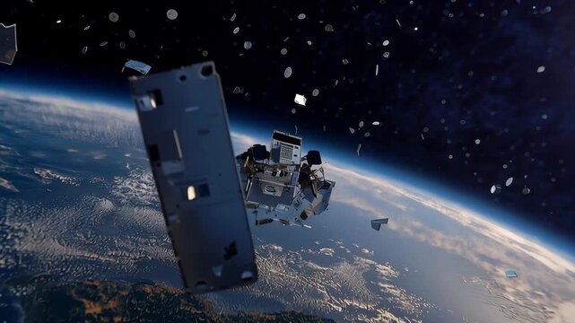 A dynamic 3D rendering showcases space junk orbiting Earth, with various debris types illustrated against a backdrop of our planet, serving as a visual reminder of the challenges faced in