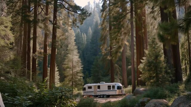 A family campsite features a retro trailer parked beneath towering pines, showcasing an ideal blend of nature and leisure for a weekend getaway filled with laughter and storytelling. cinematic