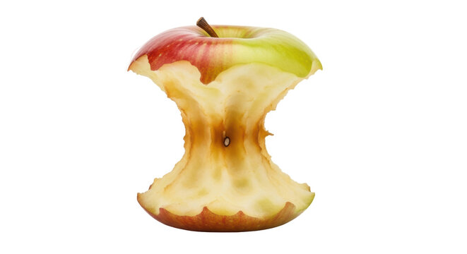 Apple core isolated PNG on transparent background, eaten fruit with stem and seeds, healthy eating concept, food waste, organic remains