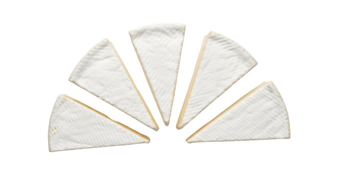 Delicious brie cheese wedges isolated PNG, creamy dairy product cut into slices for gourmet food and appetizer concepts on transparent background