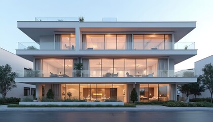 Fototapeta premium Modern multi-story apartment building exterior. Large glass windows reveal interior living spaces with furniture. Balconies offer outdoor areas. Clean white facade.