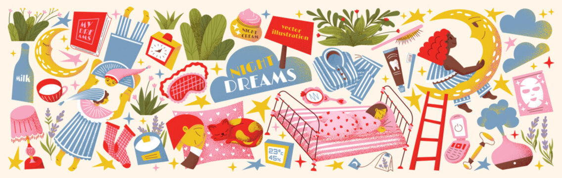 Night dreams. Bedroom. Vector cute cozy illustrations of a sleeping girl, moon, a pet cat sleeping on a pillow, pajamas, angels, bedding, bedtime routine and care for children's design, icons, print, 