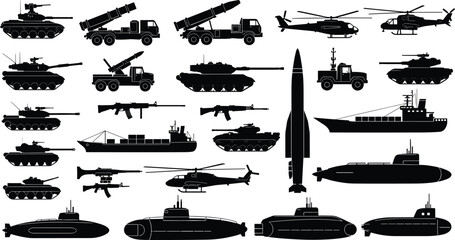 Military vehicles and weapon silhouettes collection including tanks, submarines, helicopters, missile launchers, warships and assault rifles isolated on white background for defense concept design © MstRabiya