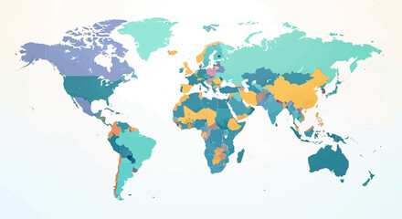 Obraz premium A world map showing countries colored in various pastel shades on a white background