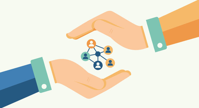 Hands cradling a network of connected people icons