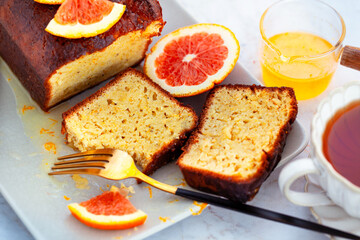 Fresh baking delicious orage loaf cake with syrup