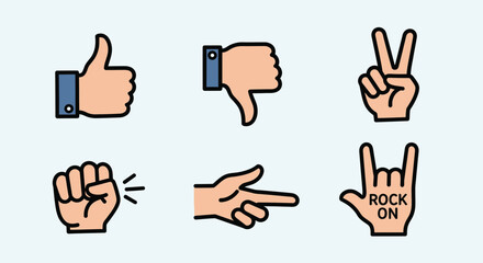 Hands making gestures for approval, disapproval, peace, and rock on