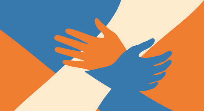 Hands reaching out to each other in blue and orange
