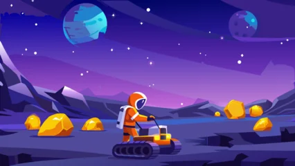Fotobehang Violet Astronaut explores a purple alien landscape with a rover and distant planets  © Chapala