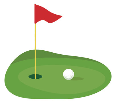 Golf Course Green with Flag and Ball Icon featuring a vibrant green putting surface, a red flagstick, and a white golf ball in a clean, flat vector style for sports applications.