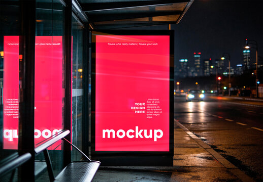 Urban Bus Stop Billboard Mockup at Night with Glass Reflection
