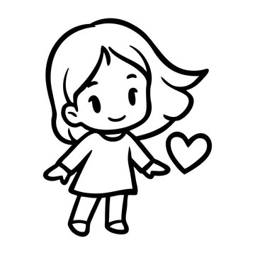 Dibujo con l&iacute;neas de ni&ntilde;a de pie con un coraz&oacute;n cerca del pecho 
