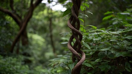 Obraz premium A thick spiraling vine twists around a natural support within a lush green tropical forest