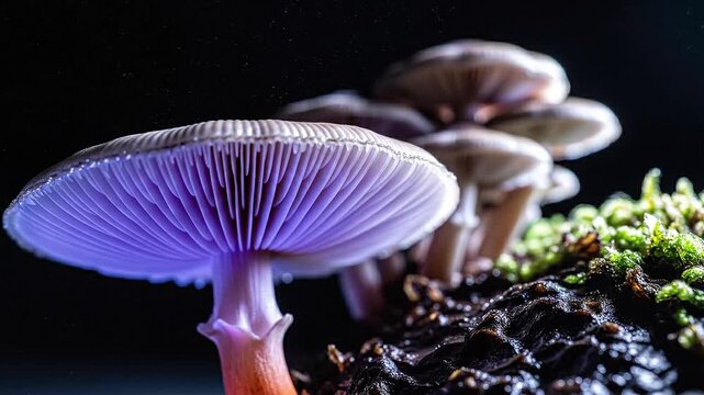 A close-up macro photograph showcases the intricate structure of a glowing purple gilled mushroom cap emerging from dark, damp substrate near vibrant green moss.