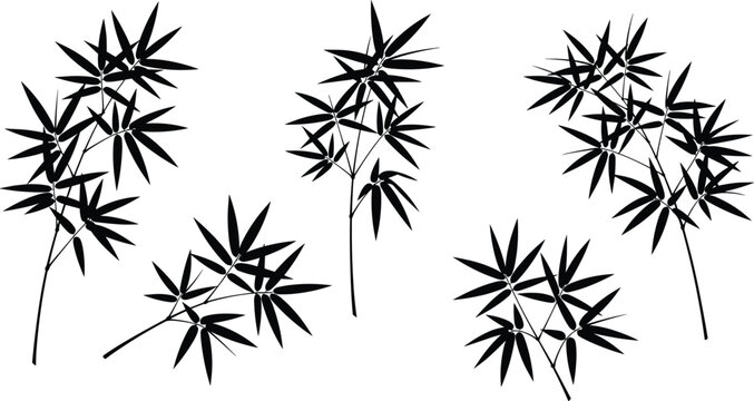 Minimalist black bamboo leaf silhouettes arranged in organic clusters, perfect for botanical decor, nature illustrations, Asian design themes, wall art, or digital graphic projects.